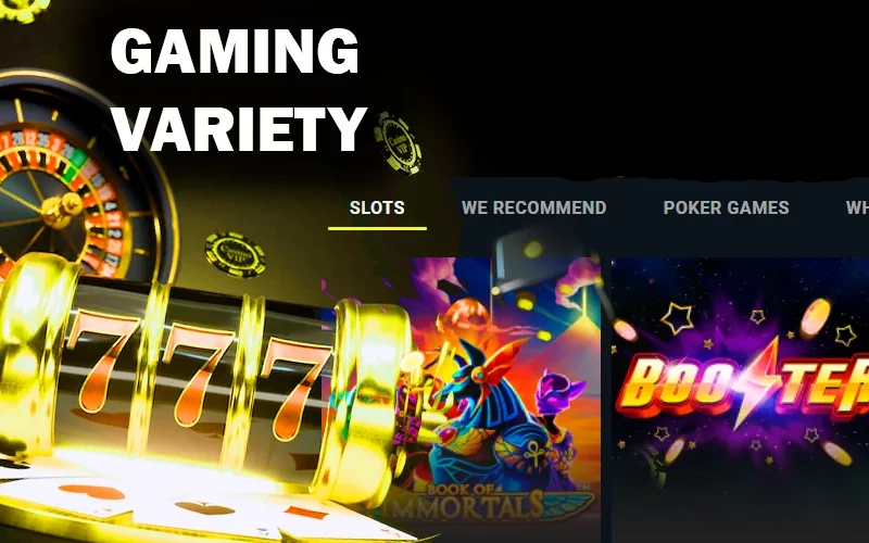 Glowing casino slots with playing cards, roulette and poker chips, screenshot fo slots category on Parimatch site and Parimatch logo