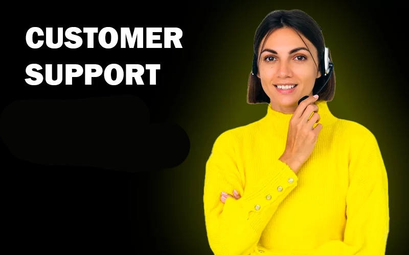 Woman in yellow sweater from Parimatch customer support and Parimatch logo