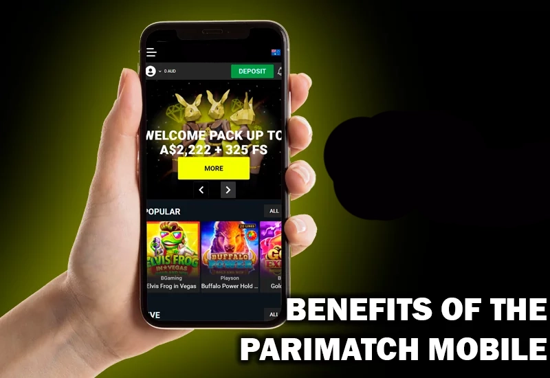 Someone's hand holdind a smartphone with opened Parimatch casion site and Parimatch logo