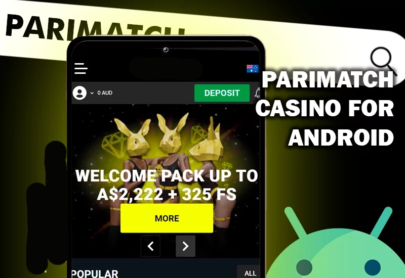 Androd logo and Parimatch casino site opened on a smartphone screen and PArimatch logo