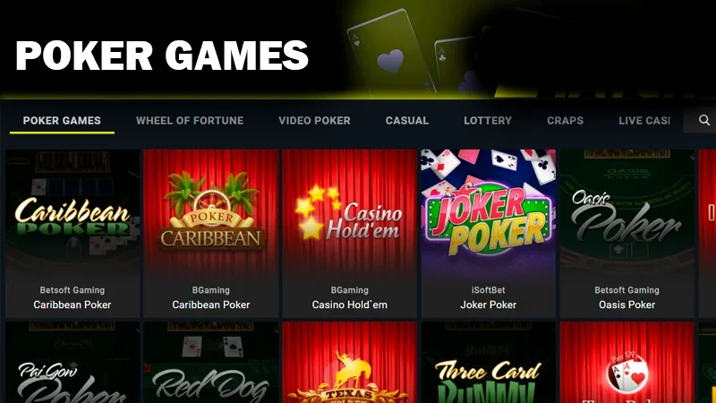 Screenshot of Poker games category on Parimatch casino site and Parimatch logo
