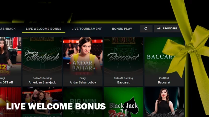 Screenshot of live welcome bonus category on Parimatch casino site