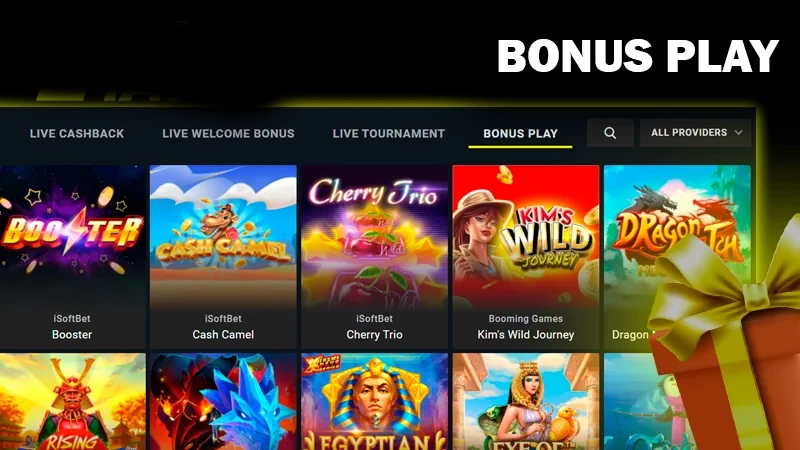 Screenshot of bonus play category on Parimatch casino site