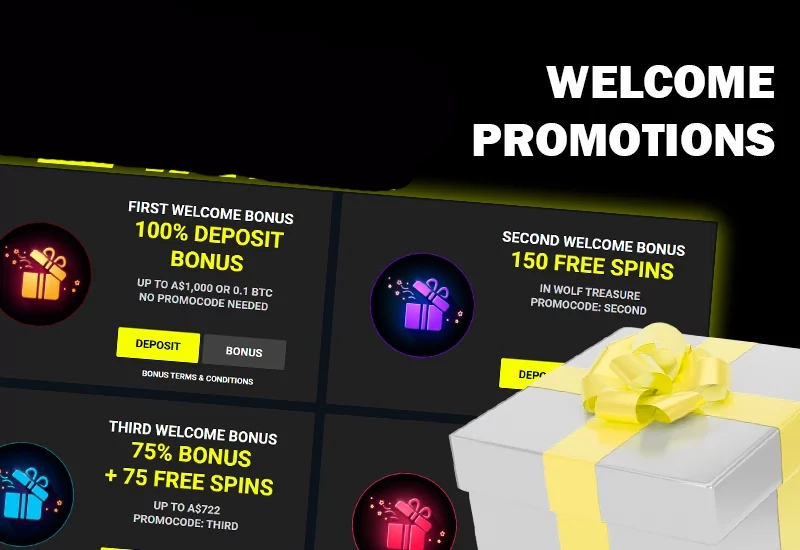Bonuses screenshot and a gift box with yellow ribbon and Parimatch logo